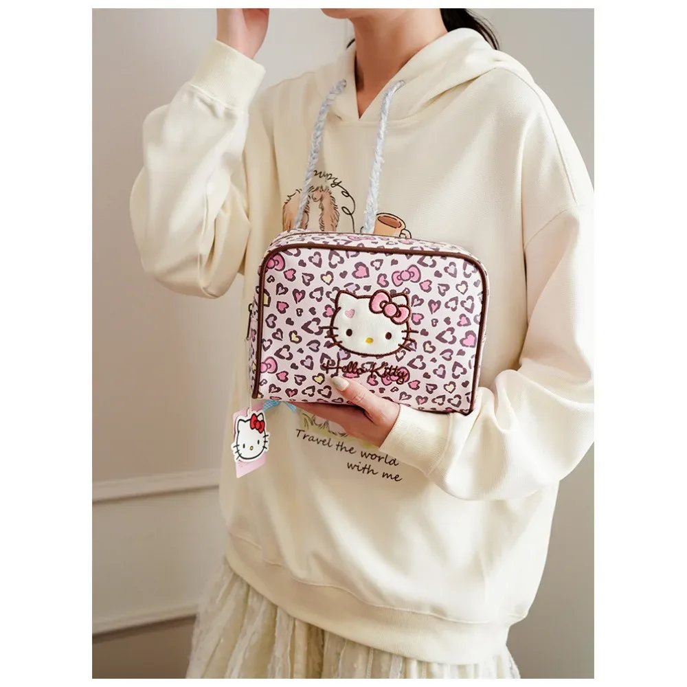 sac de rangement brodé hello kitty à imprimé léopard rose délicat, trousse de toilette de voyage portable multifonctionnelle, grande capacité
