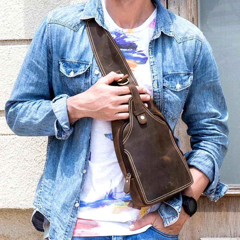 sac à dos en cuir de cheval fou pour hommes, petit sac de poitrine décontracté, sac de voyage vintage en cuir 