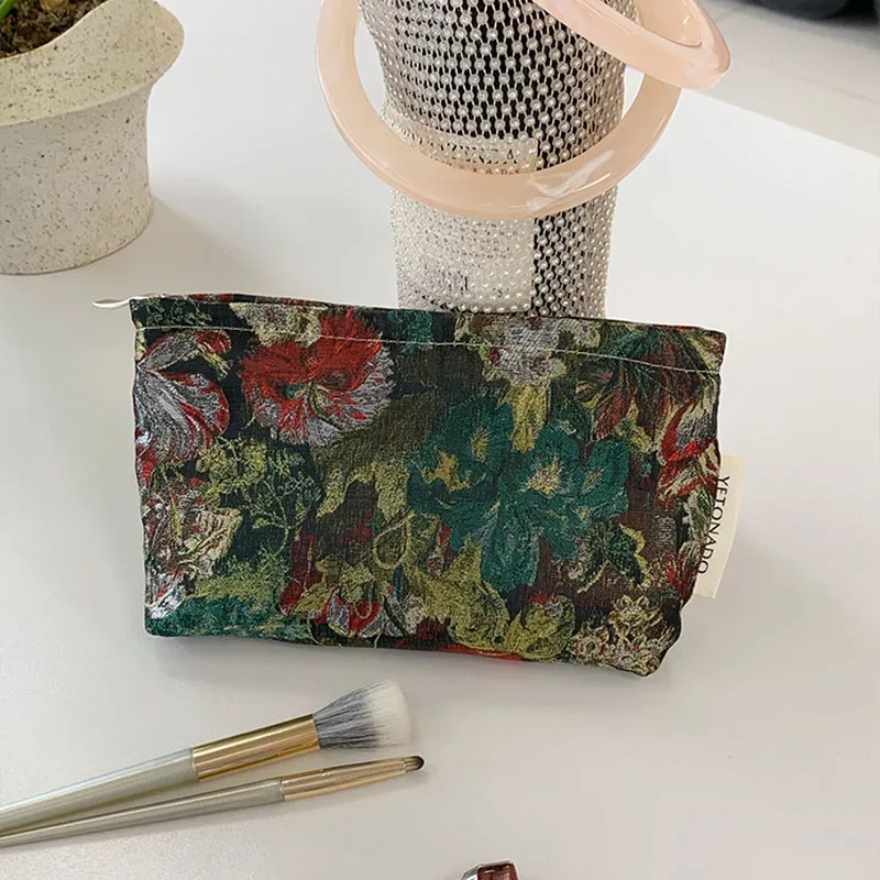 trousse de maquillage vintage à motifs floraux pour femme, pochette de voyage portable grande capacité, étui de rangement à fermeture éclair imprimé fleurs