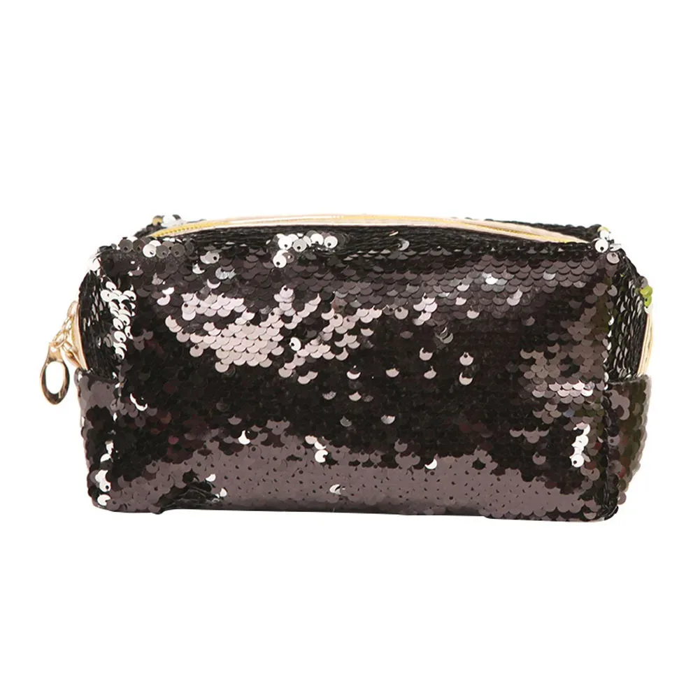 trousse de maquillage portable pour femme, paillettes, fermeture éclair, brosse, trousse de toilette, trousse à cosmétiques, évaluation, voyage