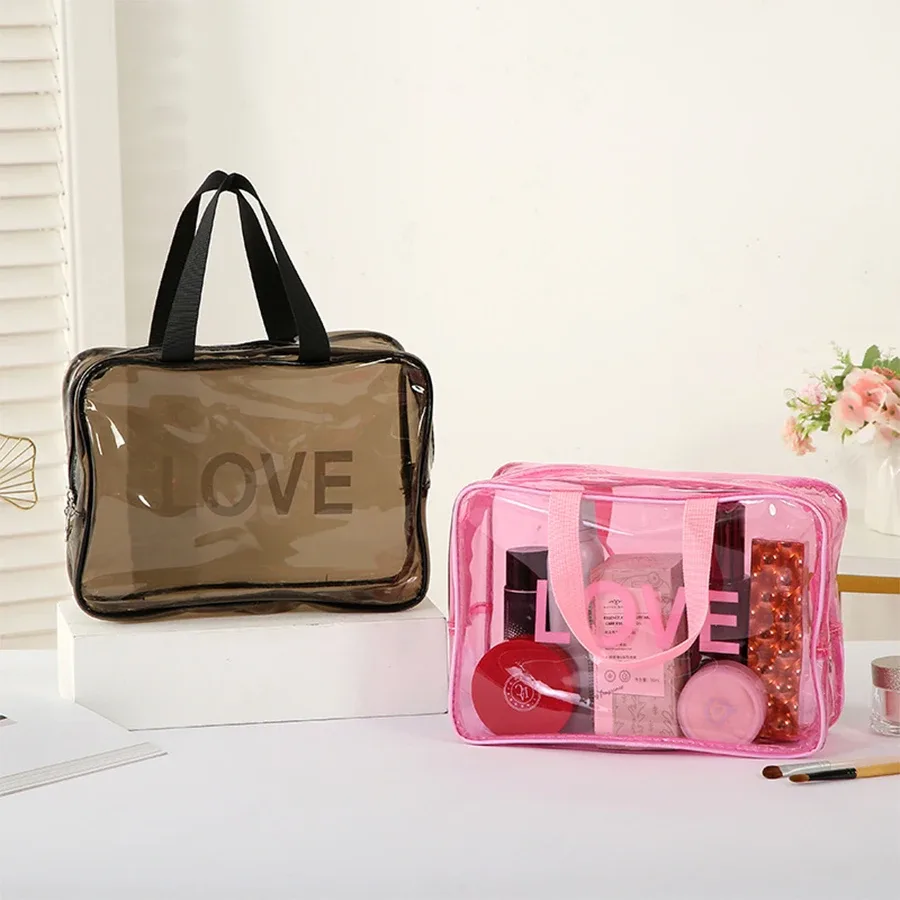 trousse de maquillage imprimée - motif love - organisateur de rangement transparent pour articles de toilette - sac de rangement pratique pour les voyages
