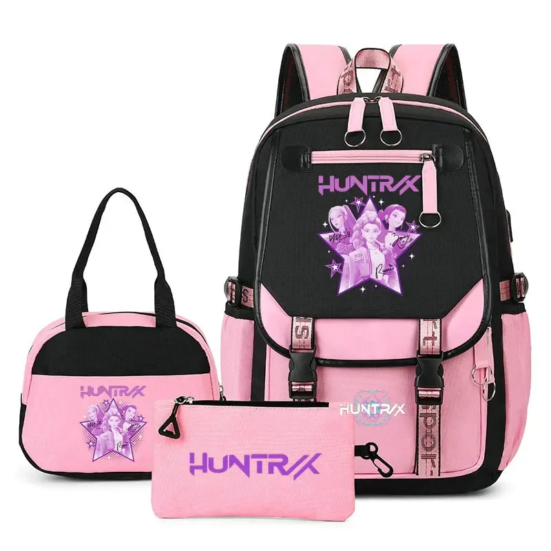 sac à dos kpop demon hunter pour adolescents, cartable de grande capacité, 3 pièces/ensemble avec sac à lunch pour femmes, étudiants, décontracté, confortable, pour voyage, mochilas