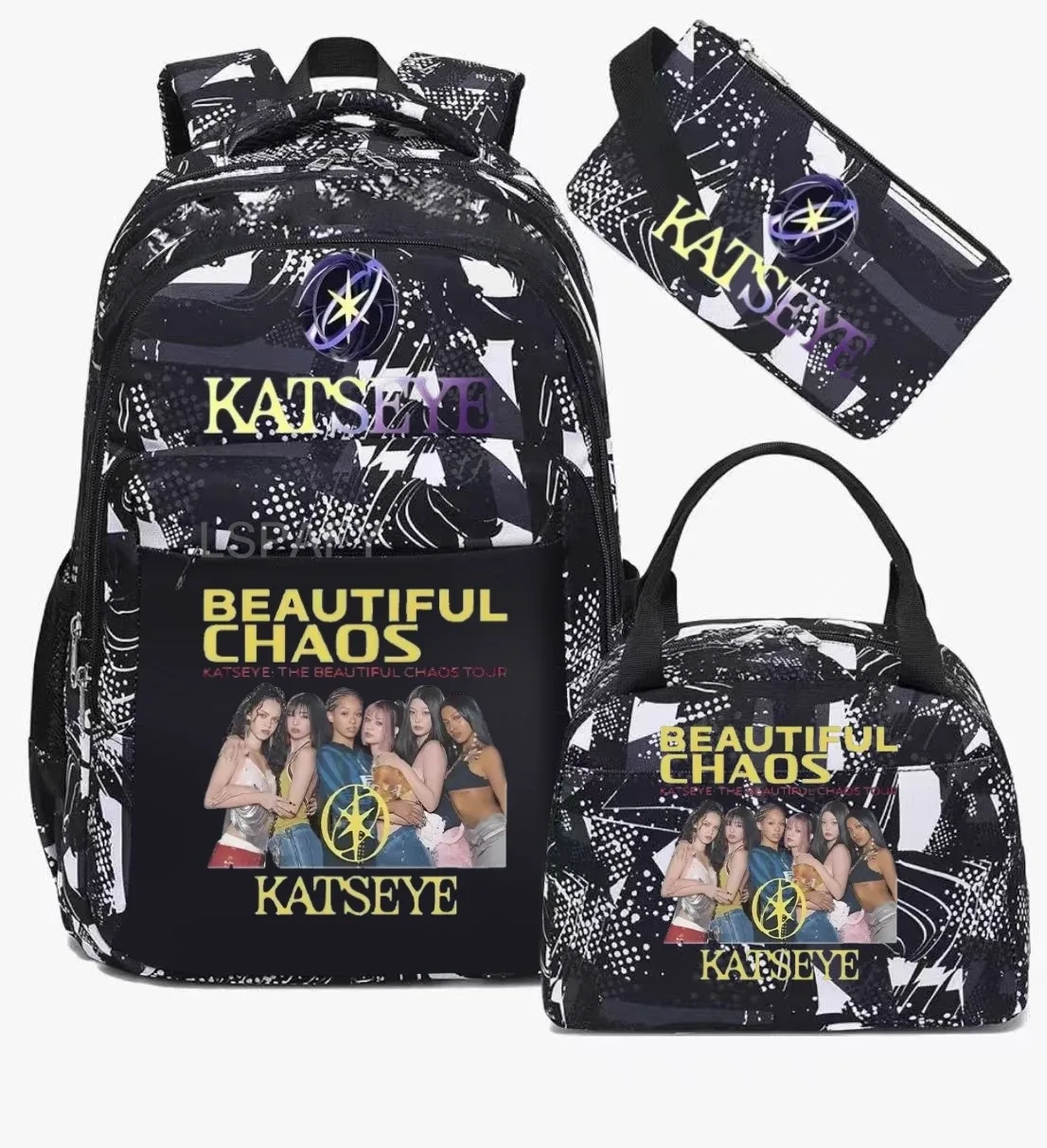 sacs d'école imprimés fashion katseye, ensemble de 3 pièces, sac à dos pour l'école primaire, garçons et filles, sac à dos de sport avec sac à lunch et trousse à crayons