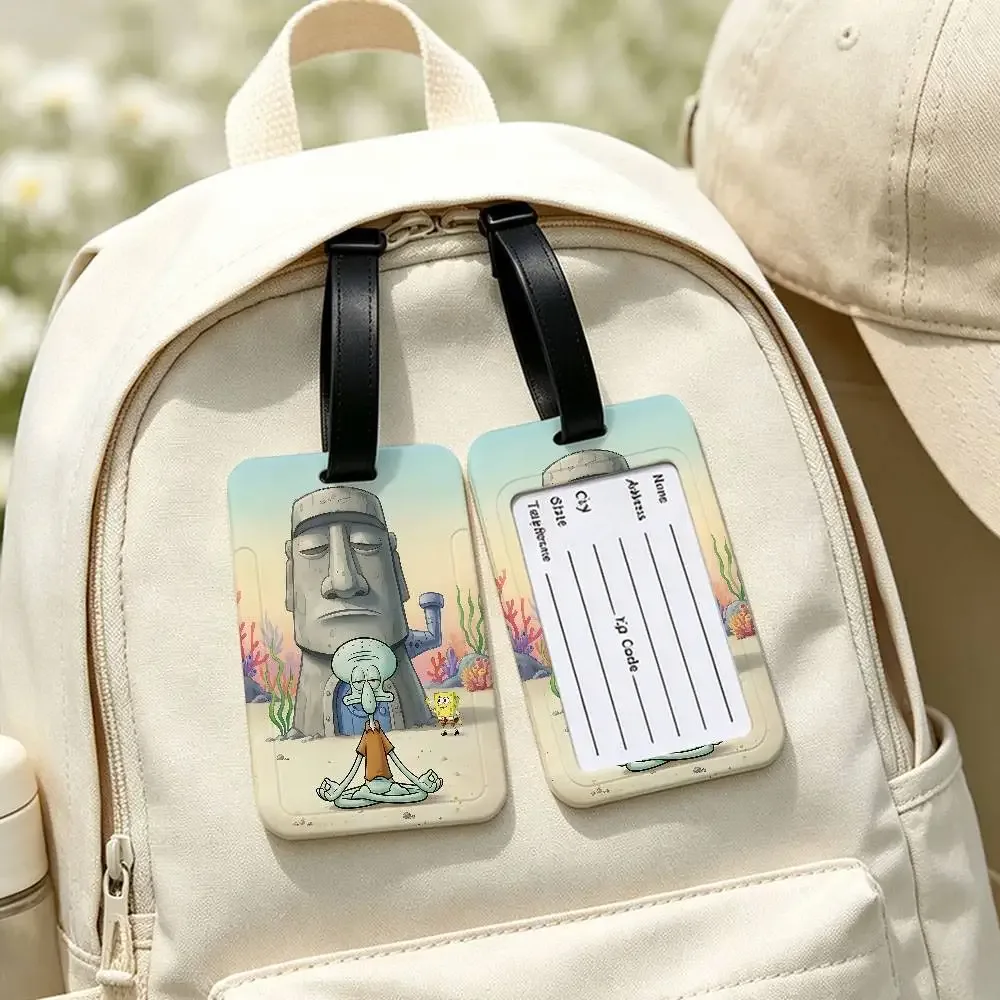 étiquette de bagage portable anti-perte en pvc, motif dessin animé mignon s-spongebob, porte-carte d'informations pour valise, sac à dos, étiquette de voyage