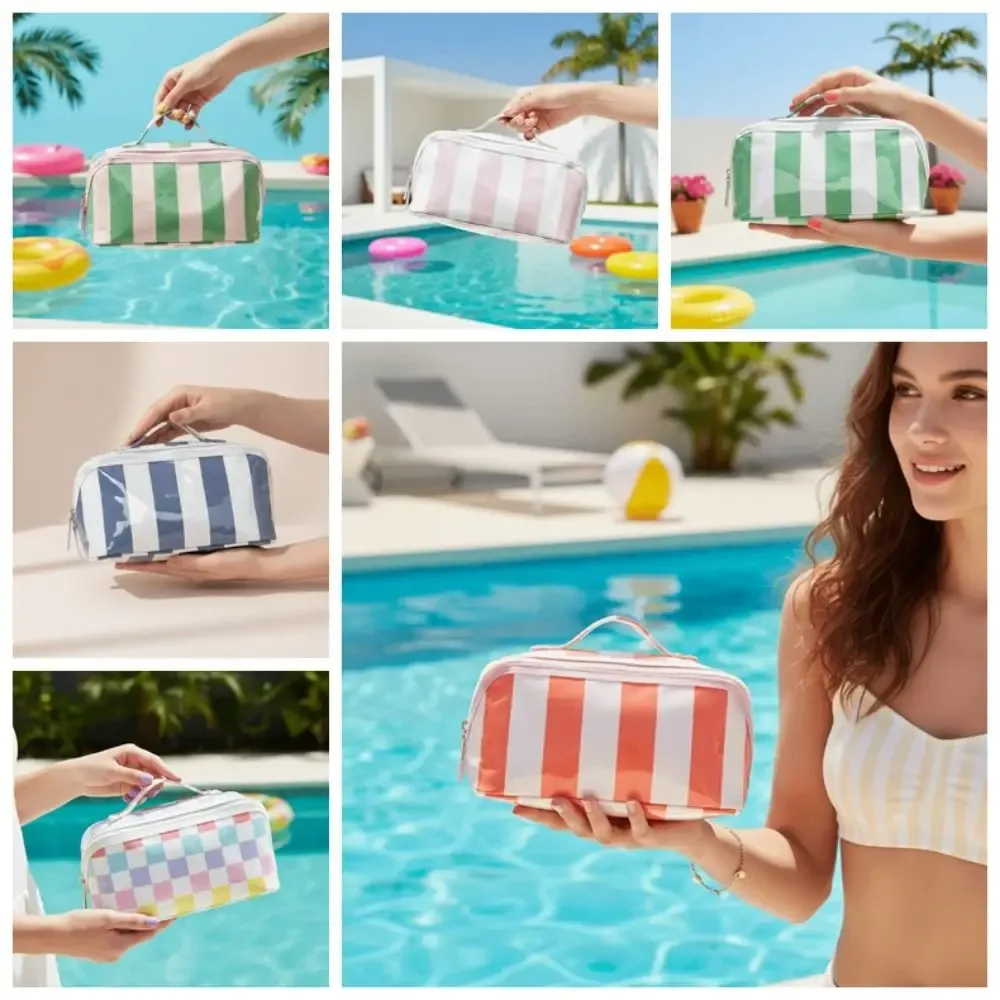 sac à cosmétiques rayé durable, léger et portable, grande capacité, organisateur de maquillage en pvc, étanche, rangement polyvalent