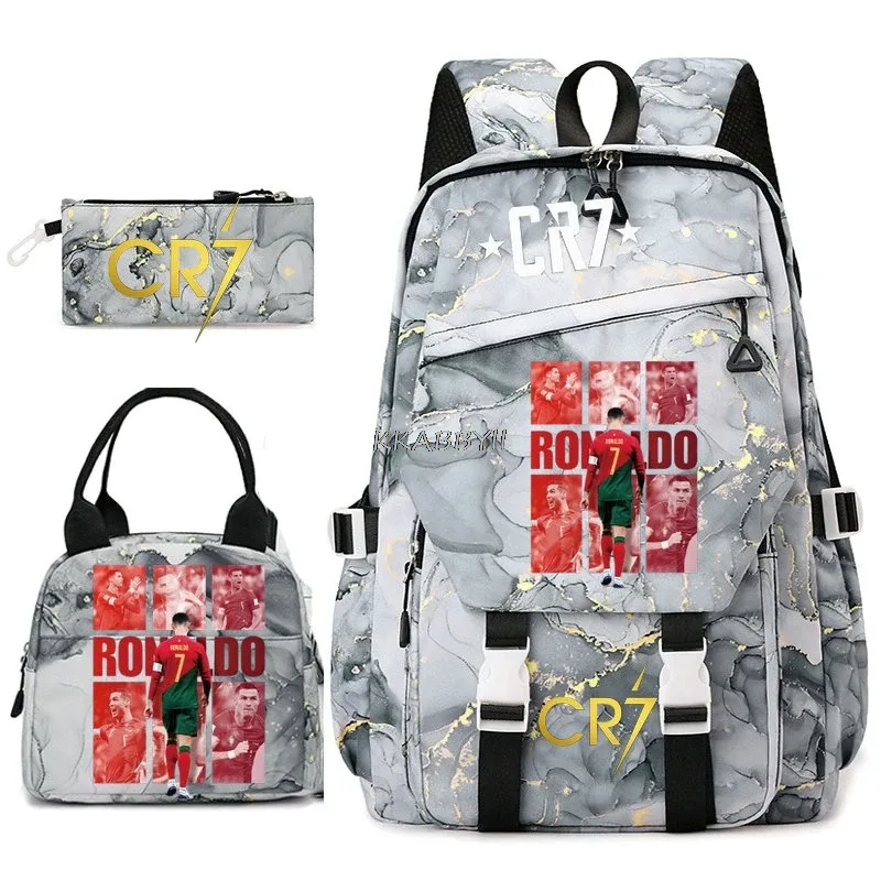 Ensemble de sacs à dos pour étudiants avec imprimé CR7, sac à lunch et trousse à crayons, sac à dos de voyage pour adolescentes