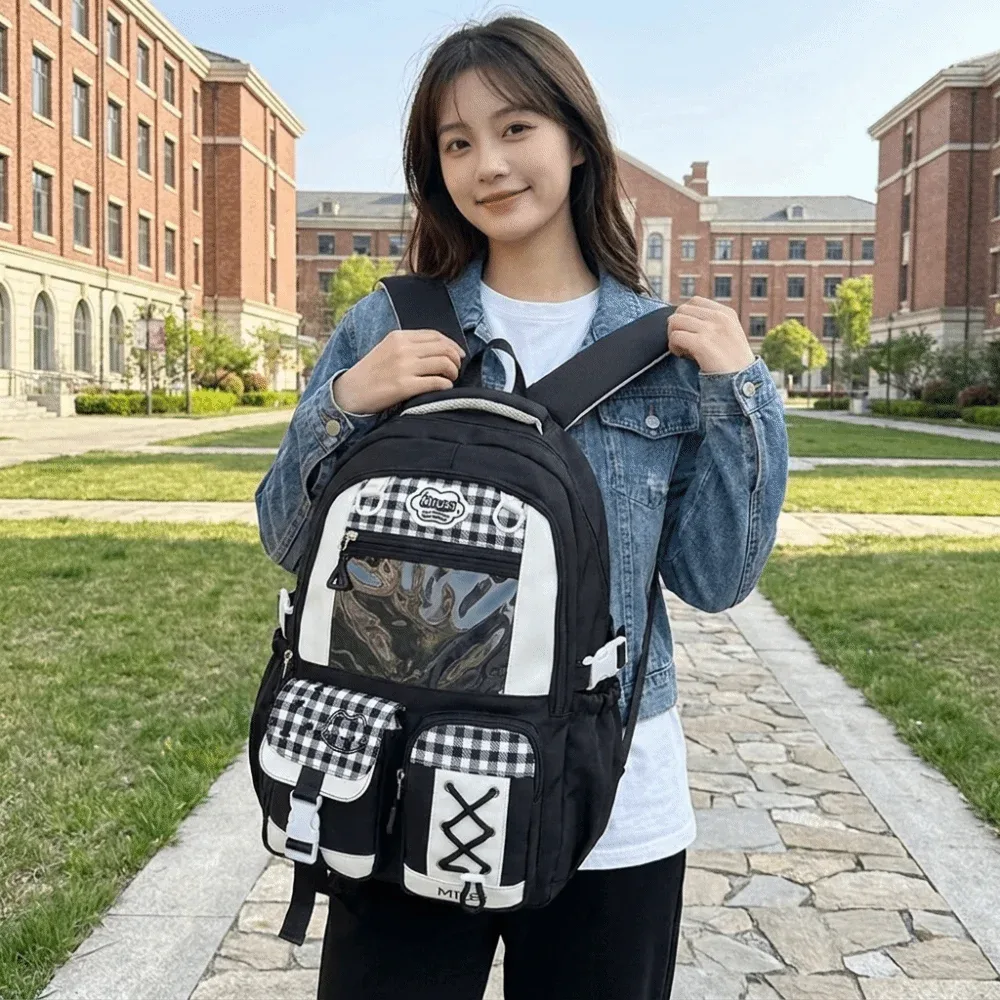 sac à dos scolaire multi-compartiments style preppy, grande capacité, léger, motif écossais, blocs de couleur, sac à dos de jour avec fermeture éclair et multiples poches
