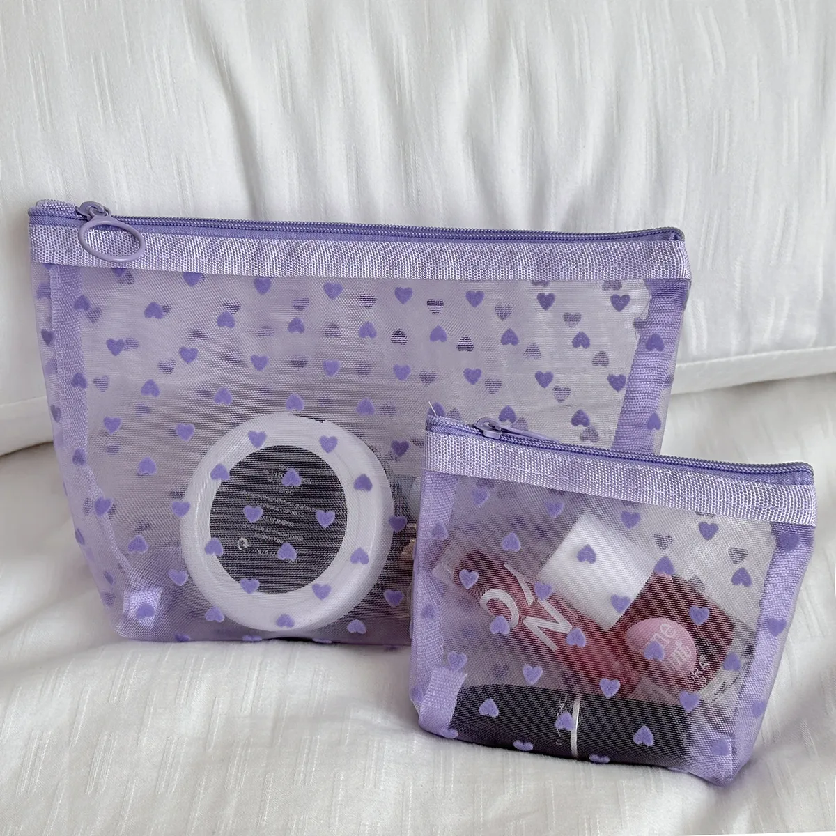 trousse de maquillage en maille de velours violet, trousses à cosmétiques, poudres de maquillage, sacs de rangement transparents, trousse d'évaluation de maquillage, trousse de toilette
