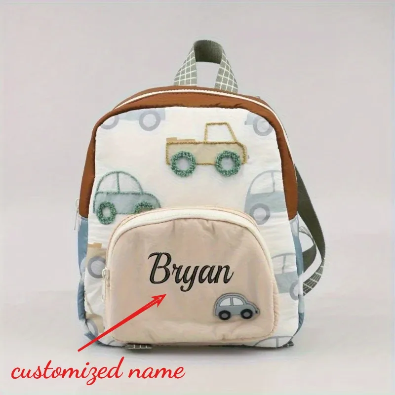 sac à dos brodé de voiture personnalisé pour enfants, sac d'école doux et léger pour tout-petits, sac préscola