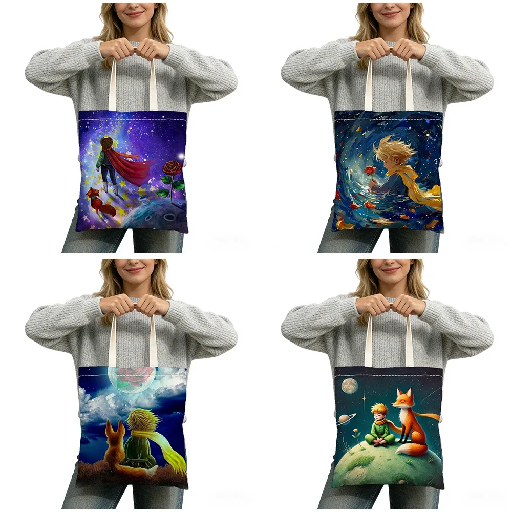 sac fourre-tout imprimé double face sans fermeture éclair, star boy cute fox cosmic rose, 40x45 cm, sac à bandoulière pour usage quotidien, shopping, apprentissage, extérieur