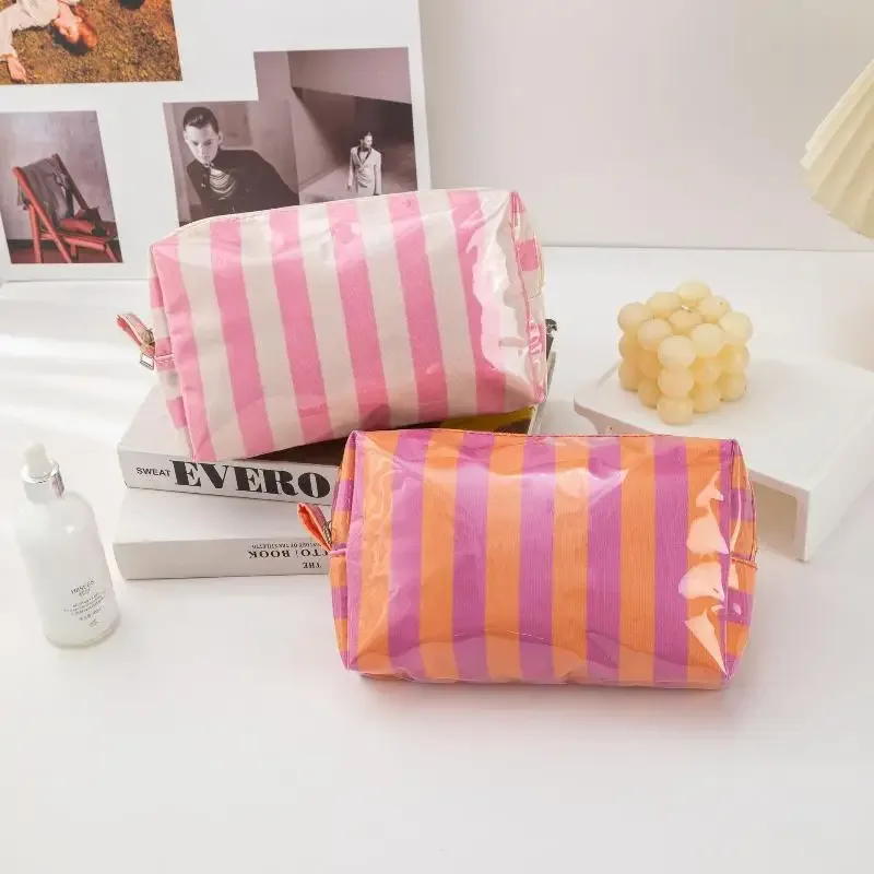 sac à cosmétiques rayé en pvc, trousse de maquillage avec fermeture éclair, trousse de toilette de voyage étanche, étui pour pinceaux de maquillage, 1 pièce