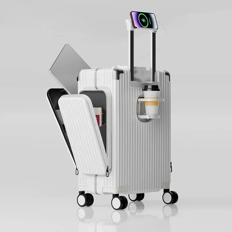 valise multifonctionnelle à ouverture frontale à trois ouvertures, nouveau style, matériau pc de 20 pouces avec poches doubles latérales, tra de grande capacité