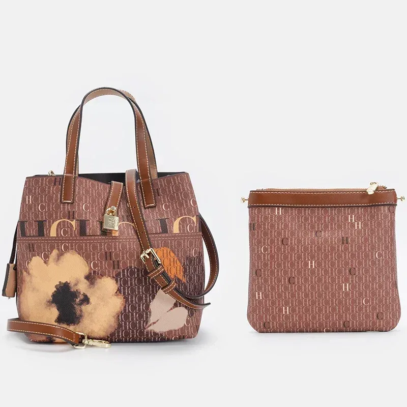 ch sac seau pour femme, ensemble de 2 pièces, sac bandoulière à imprimé floral, sac à main de luxe de créateur avec mini pochette pour usage quotidien