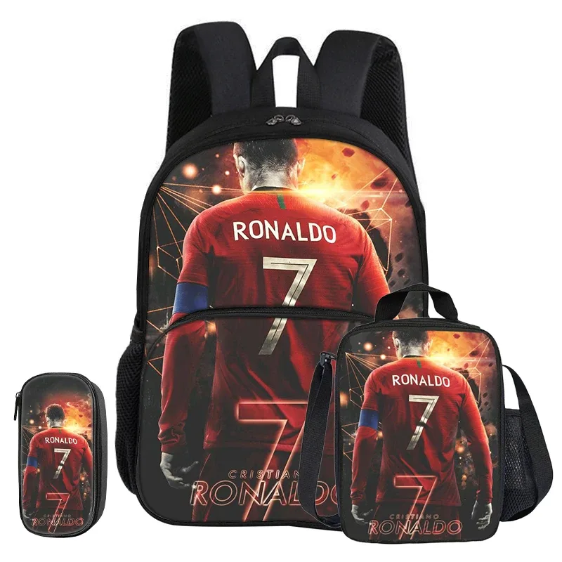 ensemble ronaldo 3 pièces avec sac à dos à poche frontale, sac isotherme pour le sport et le football, et trousse à crayons cr football star