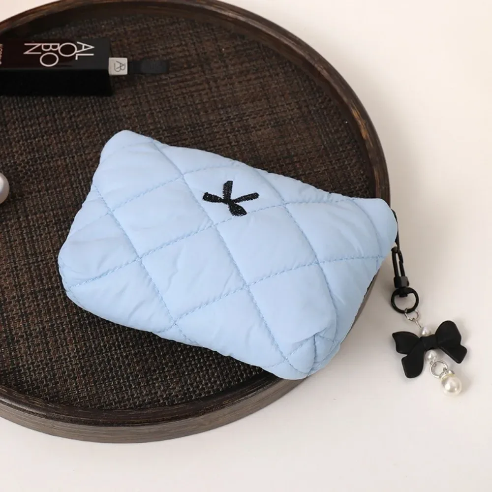 sac de maquillage en coton matelassé, sac de rangement pour serviettes hygiéniques, coquette à nœud, pochette pour écouteurs de rouge à lèvres de grande capacité
