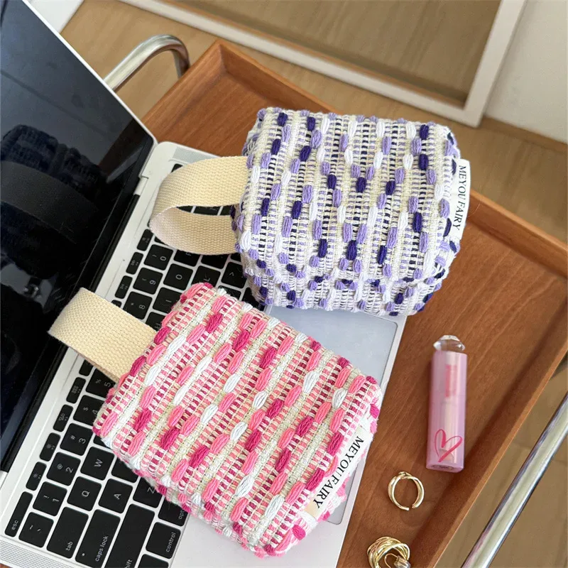sac à main tissé rayé pour fille, petit sac cosmétique portable, sac de rangement de voyage, sac intérieur color-block pour sac de voyage