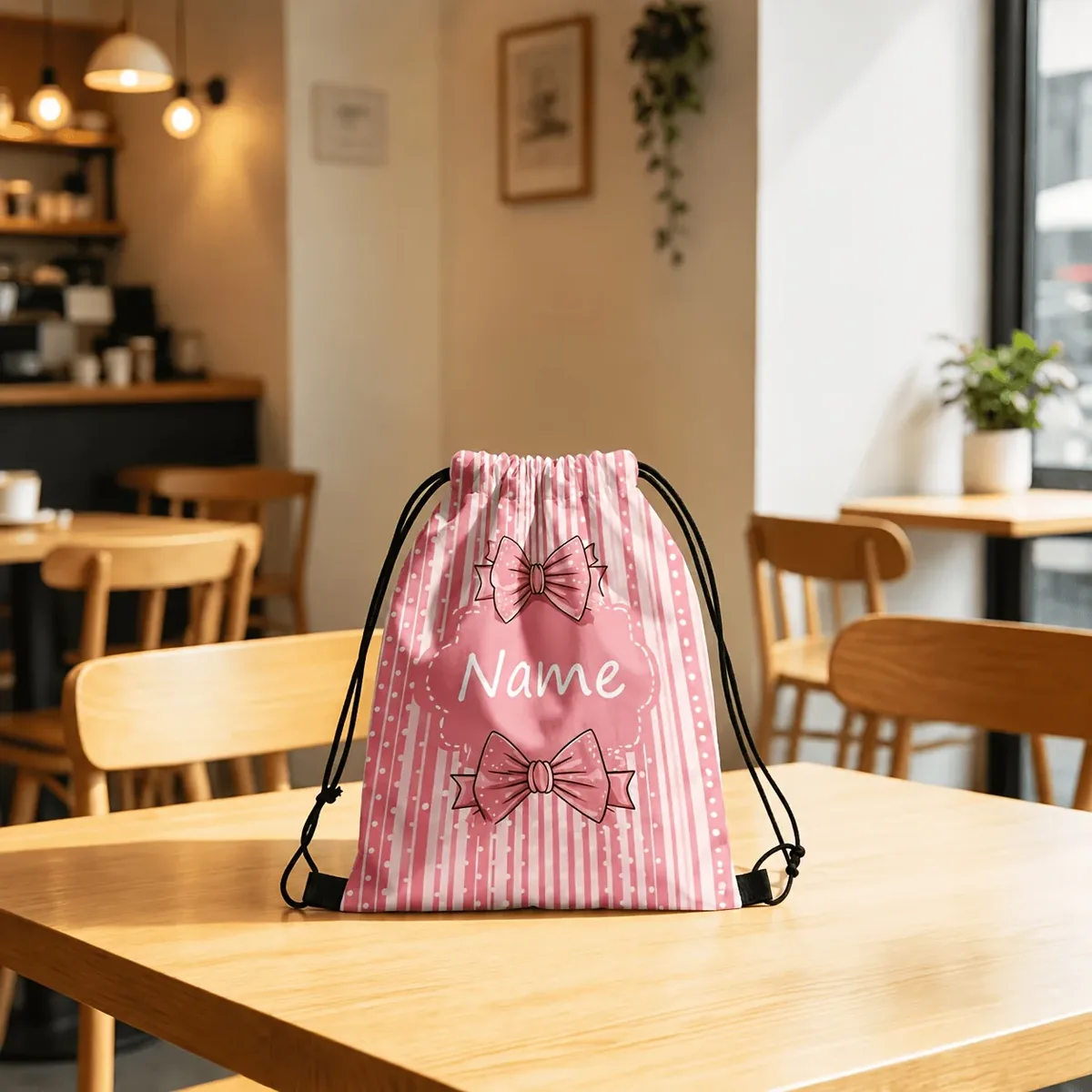 sac à dos personnalisé rose à rayures avec cordon de serrage, nom personnalisé, sac de sport avec poches pour voyage, extérieur, vacances, cadeau de noël