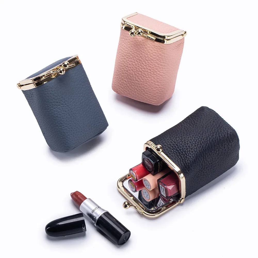 nouveaux portefeuilles en cuir véritable, porte-monnaie de marque kiss lock, petit sac d'argent en cuir de vache souple, pochette de maquillage mignonne, étui organisateur de rouge à lèvres