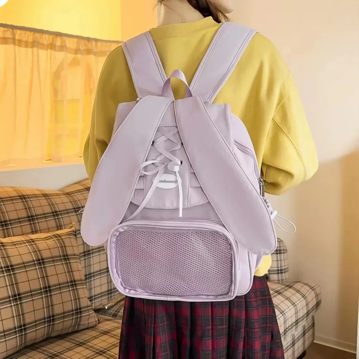 y2k bow oreille de lapin japonais ita sac à dos lolita fille sac transparent mignon haute capacité sac à dos style preppy sac à dos à volants