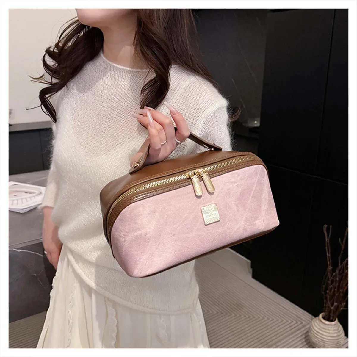 nouvelle trousse de toilette, sac de rangement de voyage haut de gamme en denim et cuir pu avec empiècements c