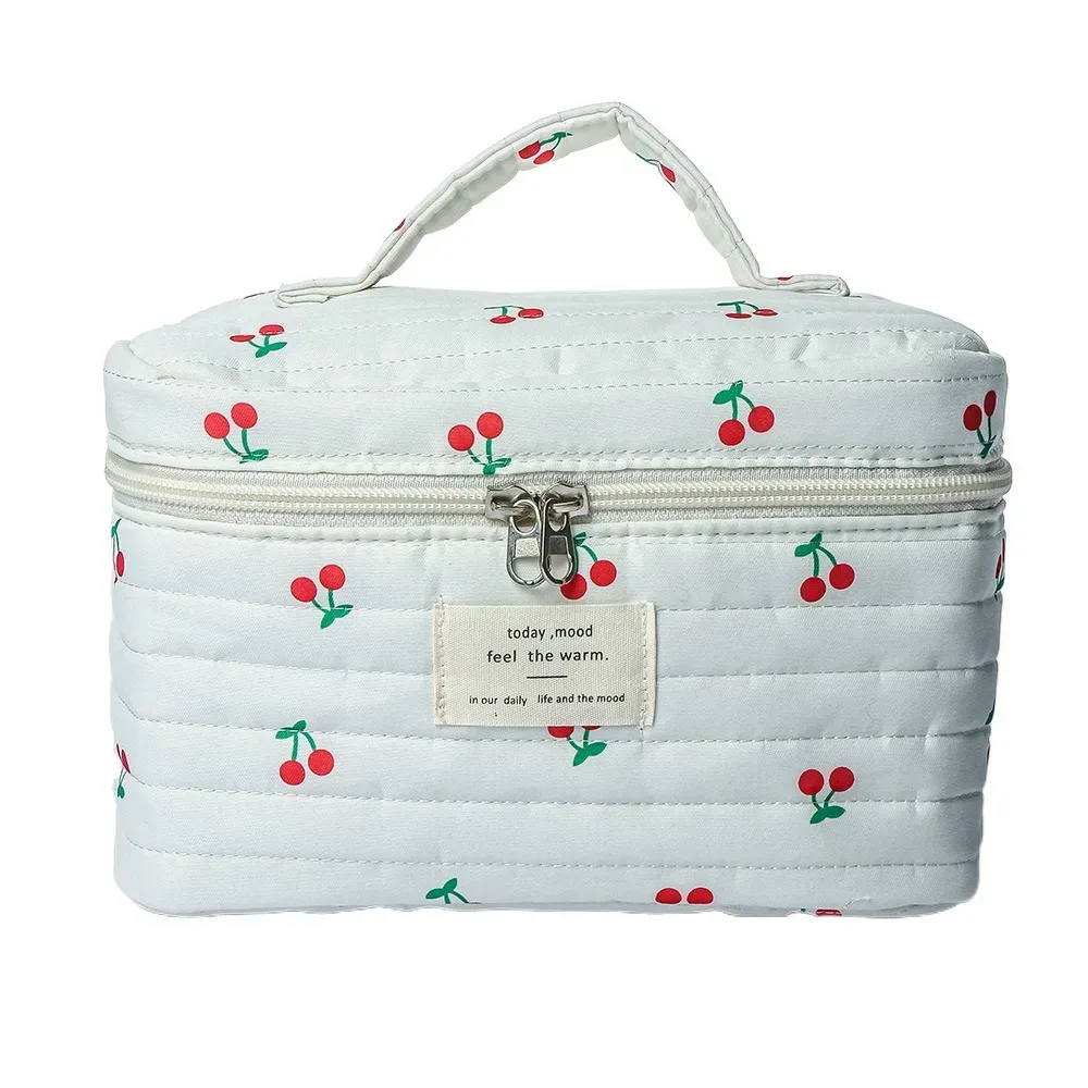 pochette à maquillage rétro à imprimé cerise, en coton matelassé, grande capacité, sac cosmétique mignon multifonctionnel, trousse de toilette, rangement pour maquillage