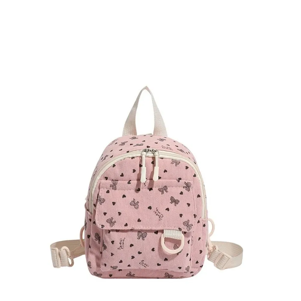 mini sac à dos en velours côtelé léger avec imprimé cœur et nœud, sac à dos décontracté multi-compartiments à ouverture zippée pour l'école