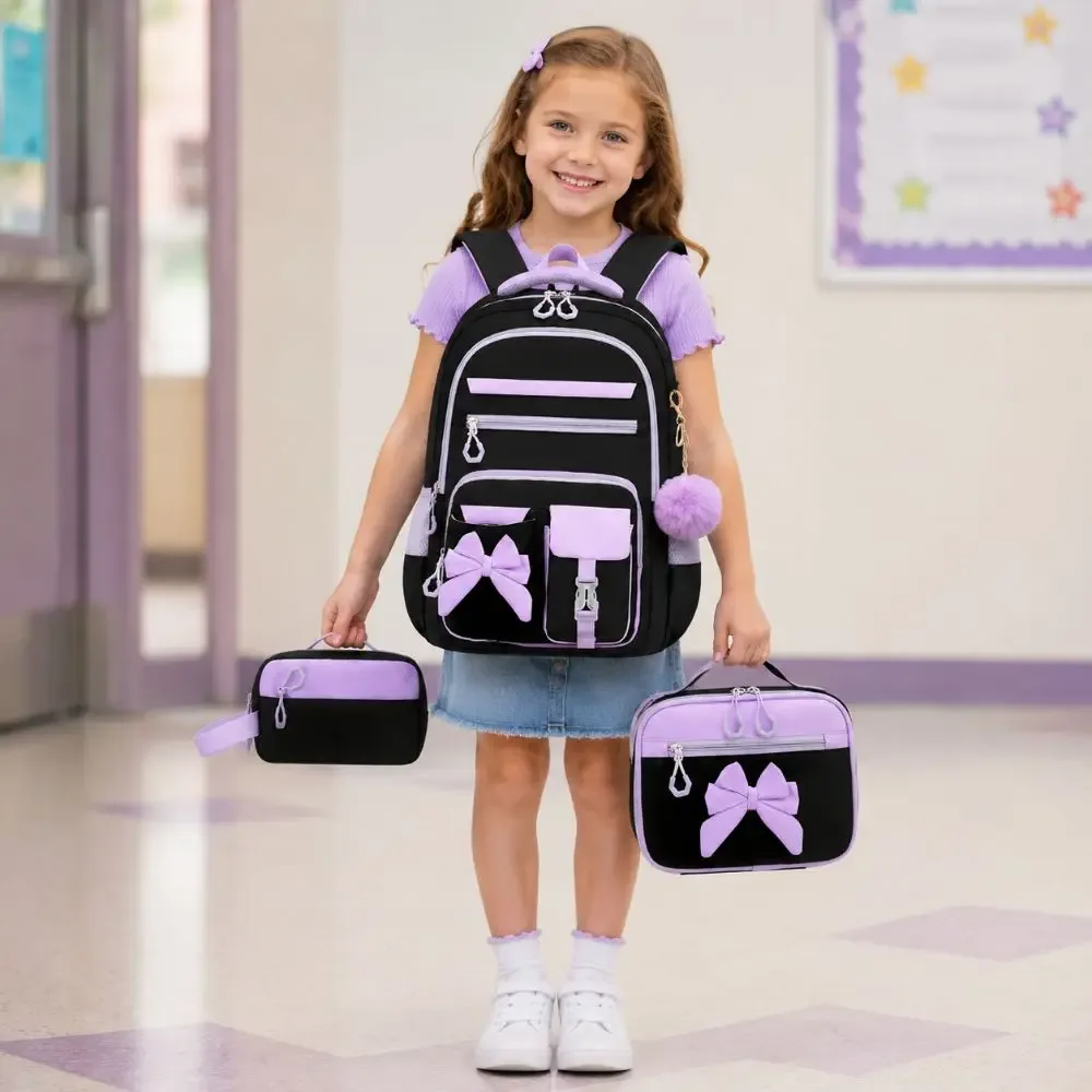 Ensemble de 3 sacs à dos, sac à lunch et trousse à crayons en tissu Oxford imperméable avec nœud papillon, grande capacité, léger