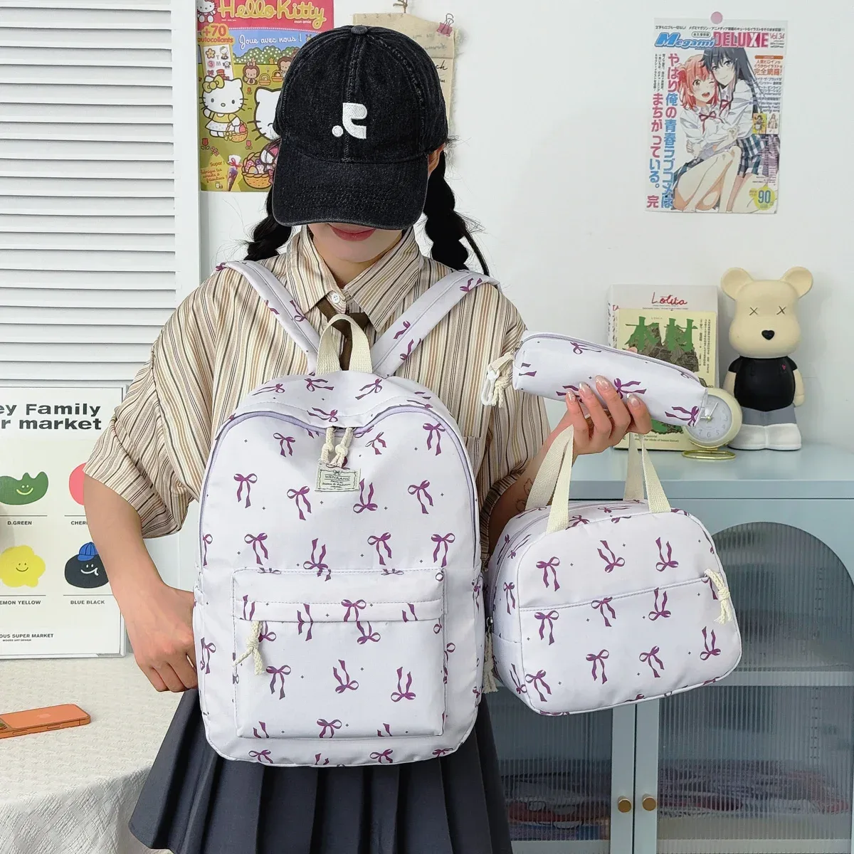 ensemble de sacs à dos trois pièces imprimé nœud papillon, doux et frais, en nylon léger, grande capacité, pour le campus et les trajets quotidiens des étudiants