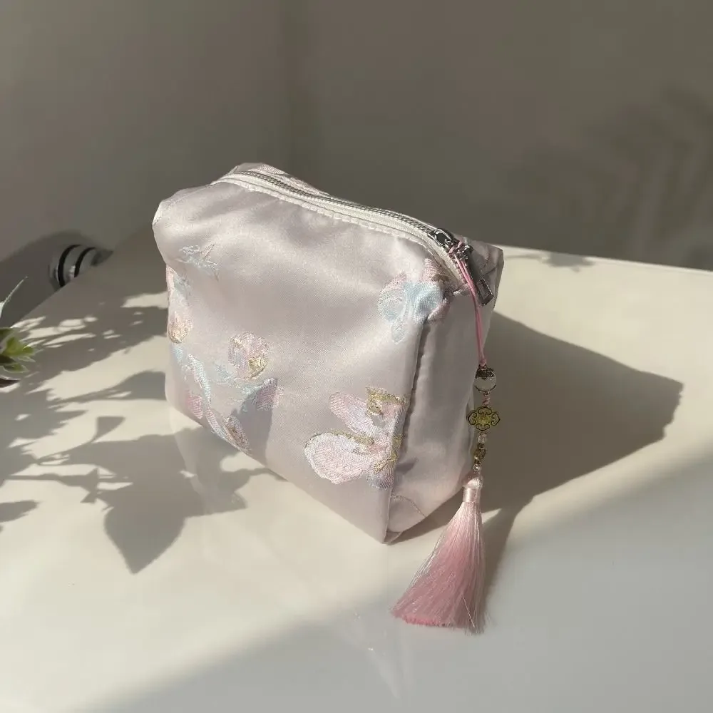 pochette cosmétique respirante en polyester, broderie florale style chinois, fermeture éclair, sac de rangement pour voyage