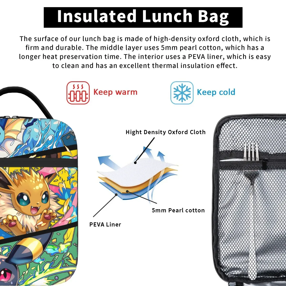 sac de rangement avec fermeture à glissière, 1 pièce, pochette pokemon, boîte à lunch scolaire, réutilisable pour sac à lunch