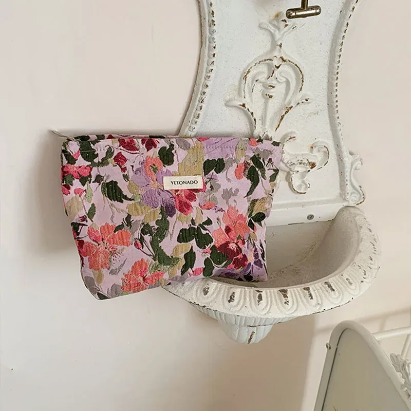 trousse de maquillage vintage à motifs floraux pour femme, pochette de voyage portable grande capacité, étui de rangement à fermeture éclair imprimé fleurs