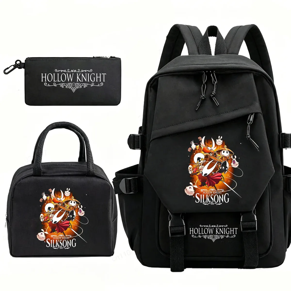 sac à dos hollow knight pour hommes et femmes, sac de voyage, sac à déjeuner, trousse à crayons, ensemble de 3 pièces, cartable pour étudiants