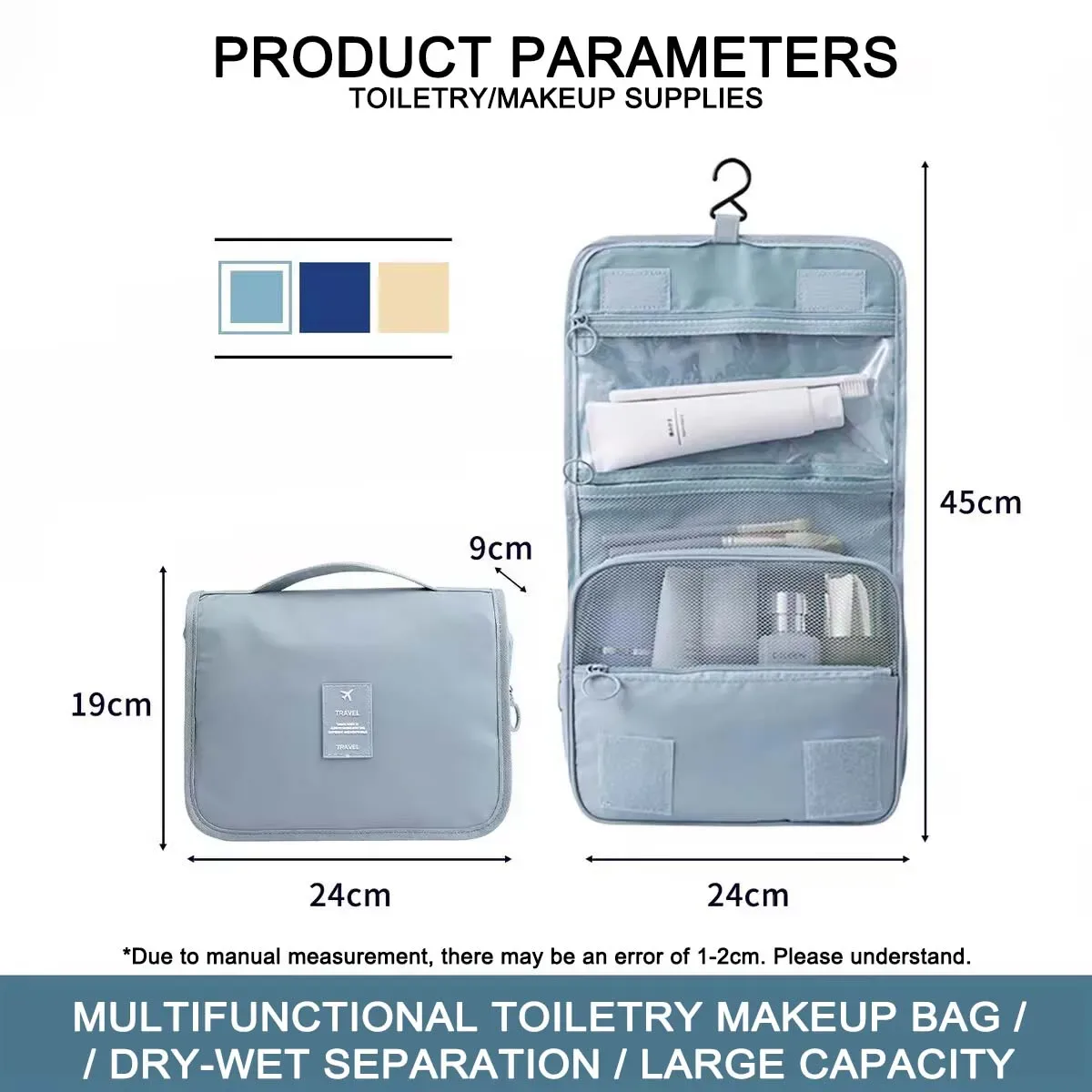 trousse de maquillage de voyage imperméable premium pour femmes – organisateur de toilette suspendu avec crochet, pochette de lavage spacieuse pour salle de bain et compartiment sec/humide