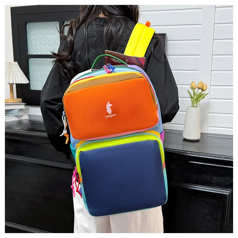 sac à dos color block avec plusieurs compartiments, sac de voyage décontracté et tendance, sac à dos double épaule multicouche aux couleurs contrastées