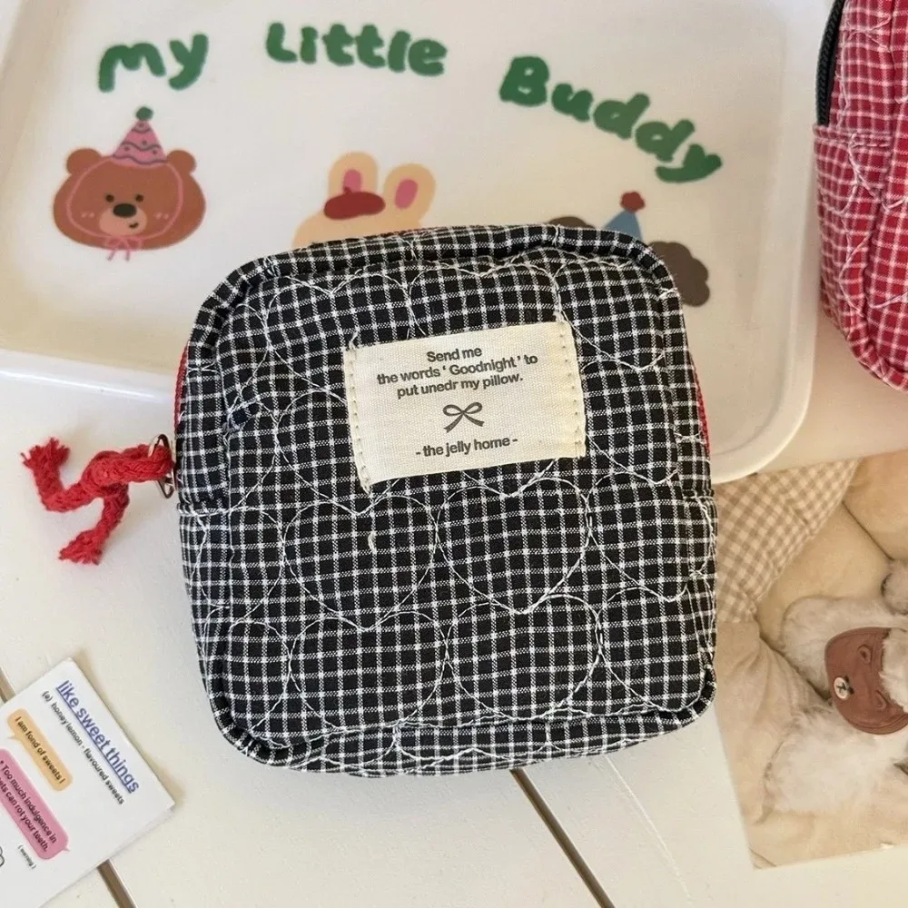 trousse de maquillage classique matelassée en forme de cœur, style coréen, grande capacité, pochette cosmétique à fermeture éclair, motif écossais, pour extérieur