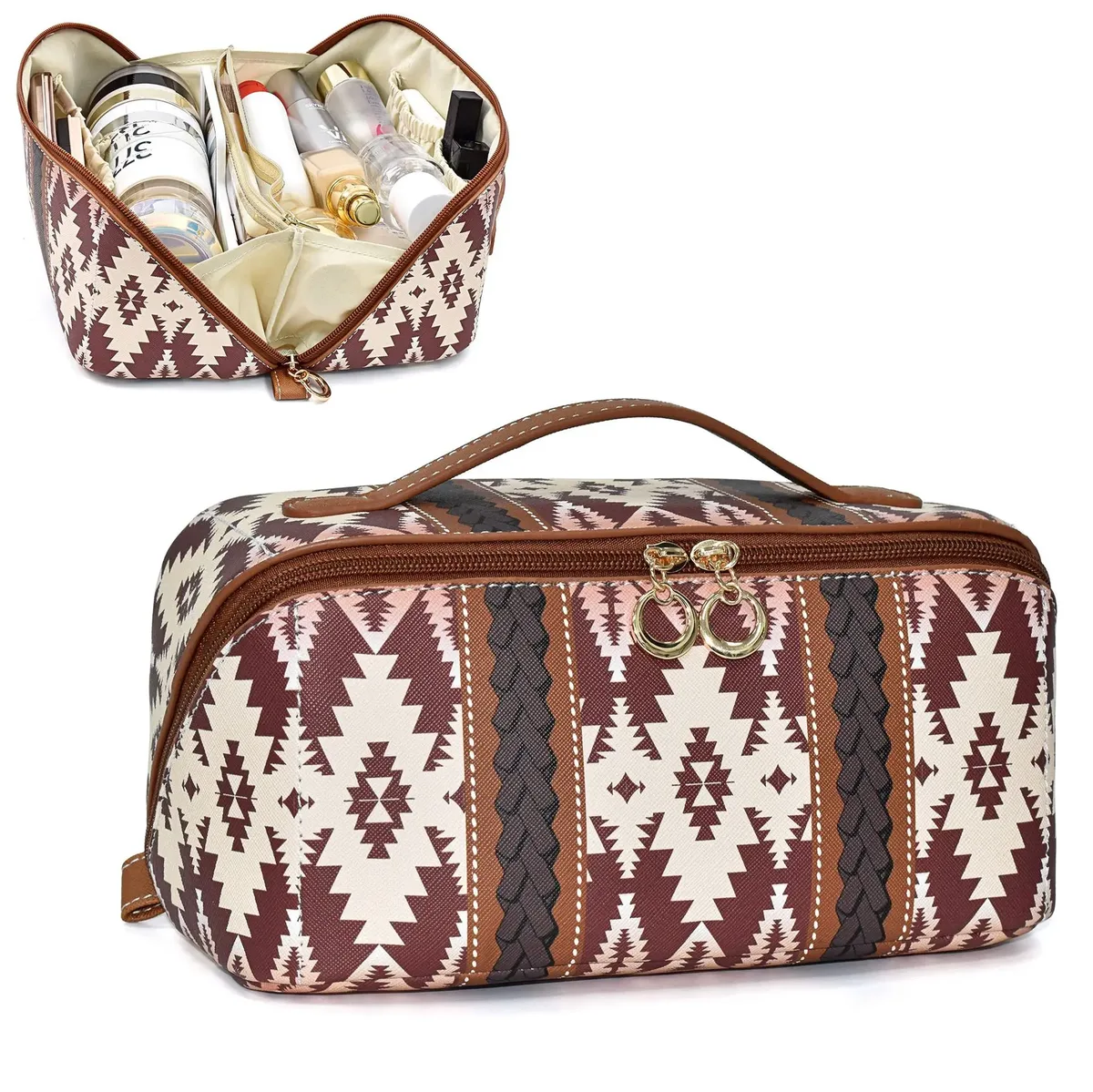 Sac à cosmétiques en cuir PU bohème, grande capacité, trousse de maquillage, organiseur de voyage pour articles de toilette