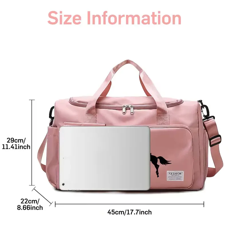 nouveau sac de voyage simple avec imprimé motif équestre, sac de sport multifonctionnel à la mode avec compartiment à chaussures indépendant, sac de rangement portable de grande capacité pour vêtements, adapté au fitness et aux courts séjours