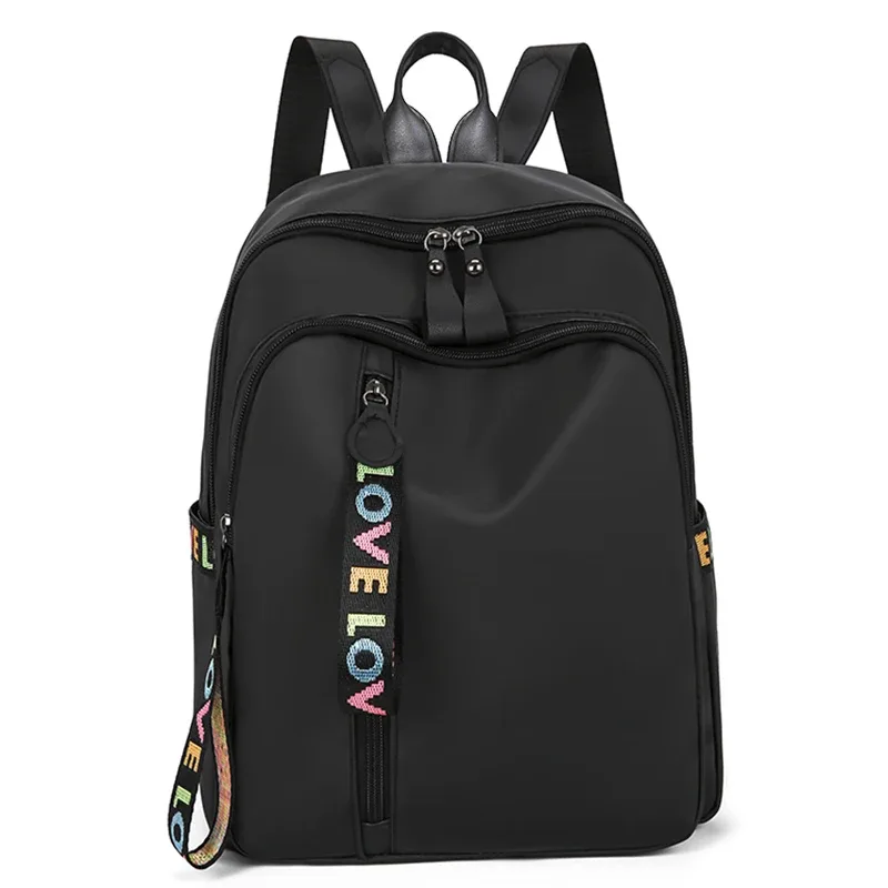 sac à dos antivol élégant grace, sac à dos portable en nylon noir avec joli ornement de lettres colorées pour femme, idéal pour le quotidien