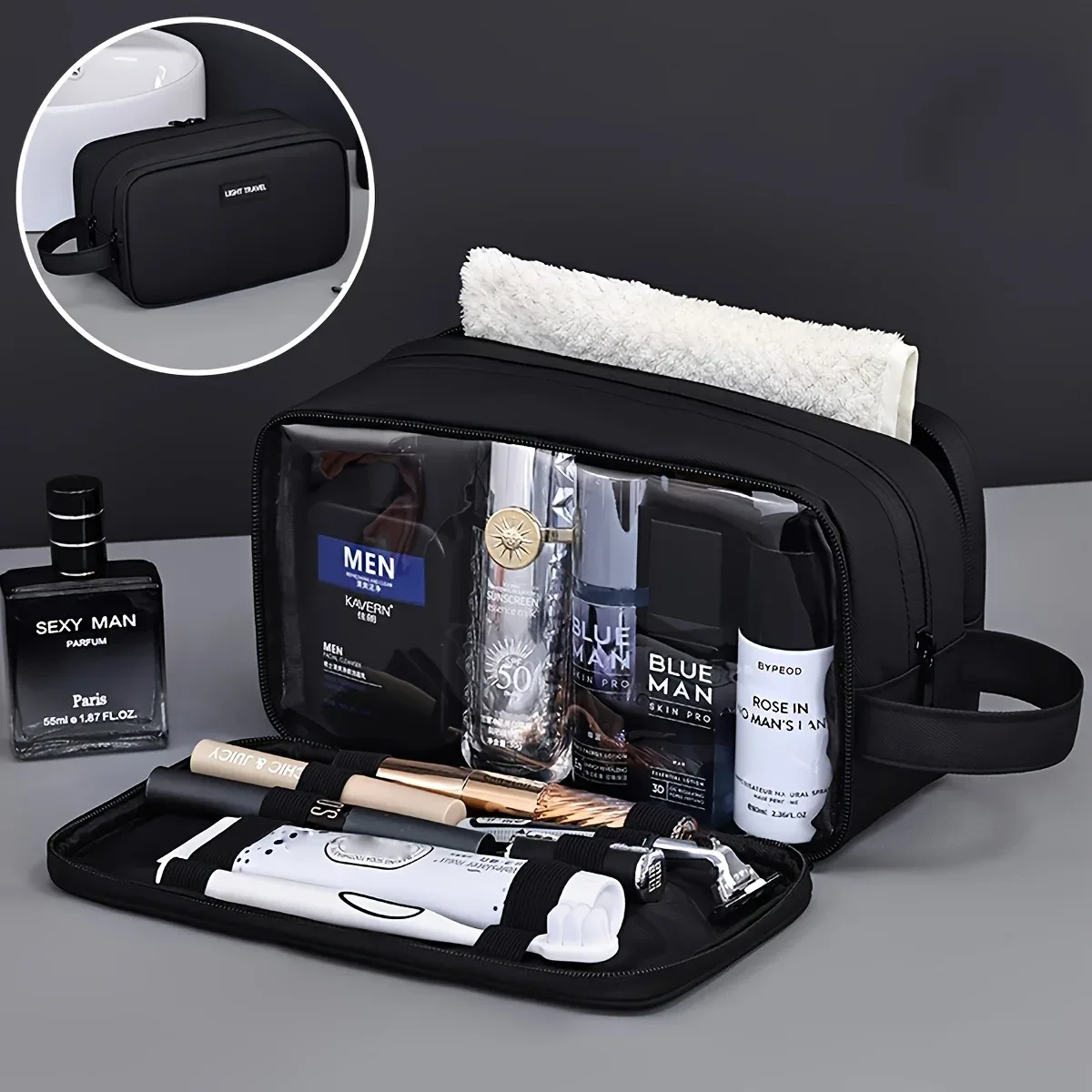 sac de rangement de cosmétiques double couche pour hommes, sac de maquillage et de beauté portable à fermeture éclair, sacs de rangement de produits de toilette de voyage d'affaires