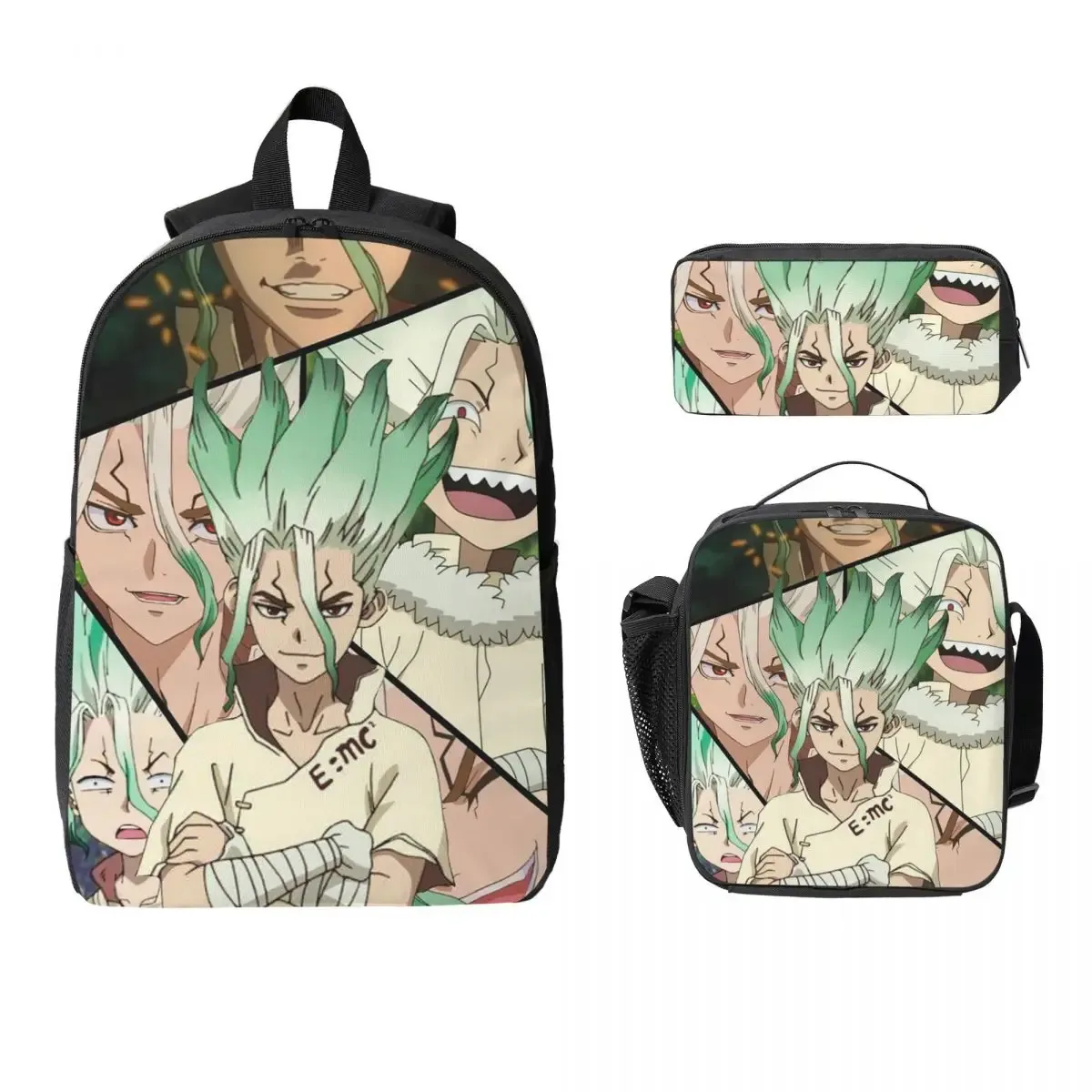 sac à dos d'école senku ishigami dr stone apan anime, sac à bandoulière pour ordinateur, 3 pièces, sac à déjeuner isotherme, trousse à crayons