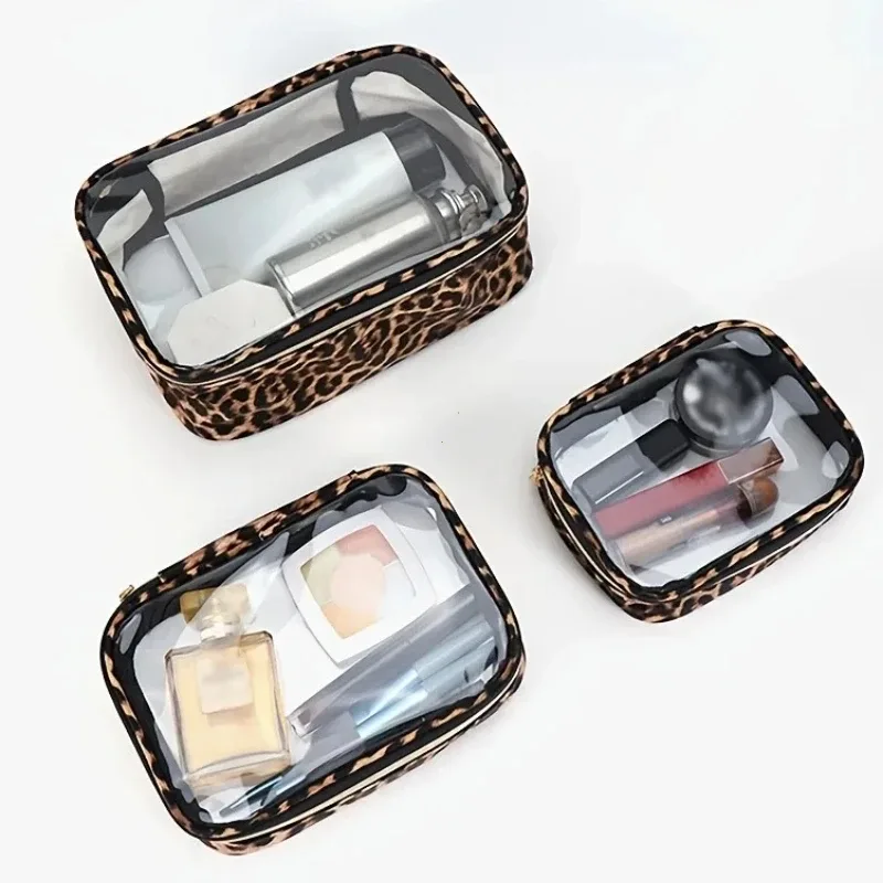 Sac de maquillage Transparent Portable imprimé léopard, sac à cosmétiques de lavage étanche, grande capacité, rangement d'articles de toilette, organisateur de cosmétiques