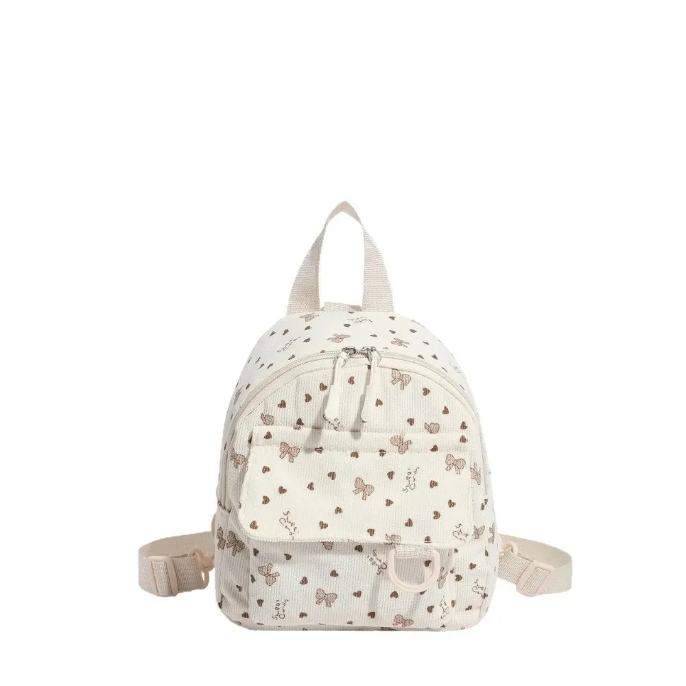 mini sac à dos en velours côtelé imprimé cœurs et nœuds, léger, décontracté, multi-compartiments, ouverture zippée, sac à bandoulière pour les trajets quotidiens