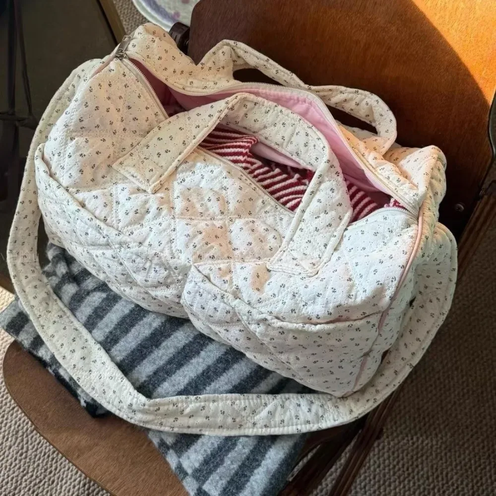 Sac de voyage à imprimé floral, grande capacité, double poignée supérieure, sac de sport en coton matelassé, sac de voyage matelassé, utilisation scolaire
