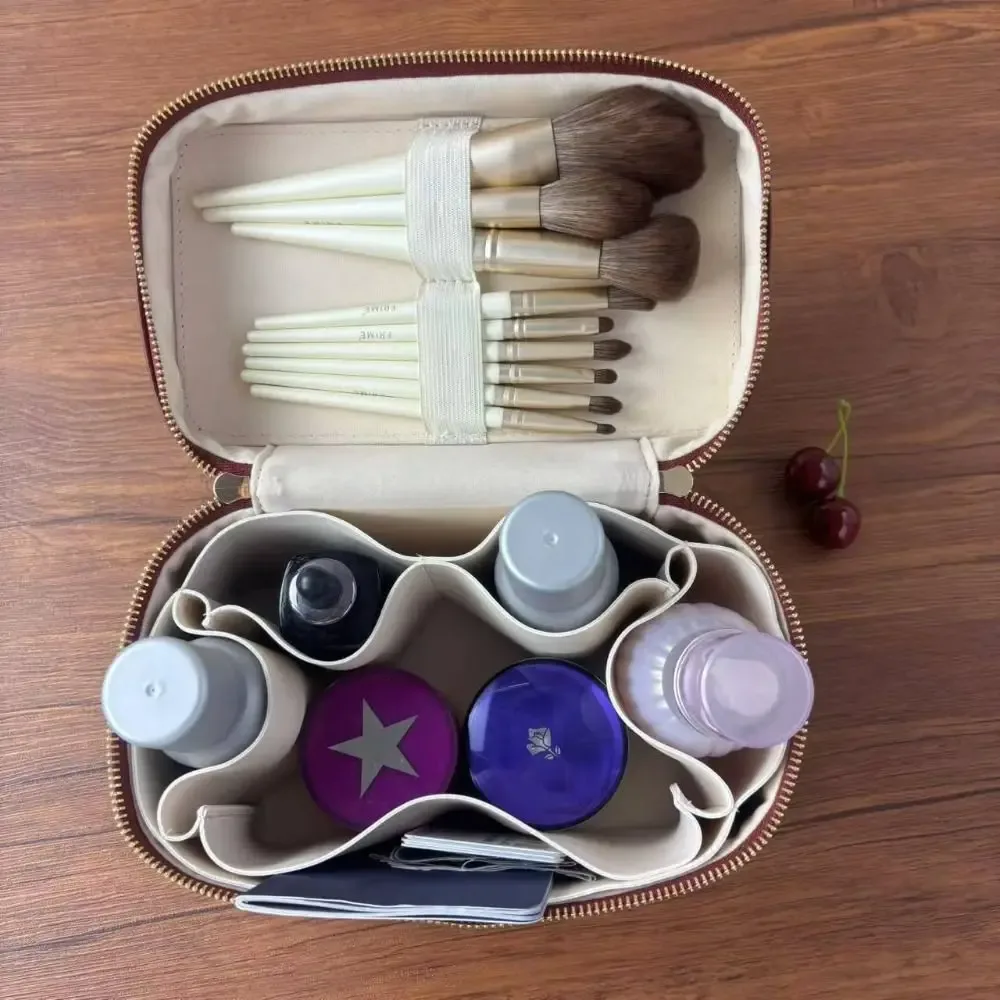 sac à maquillage en cuir pu, forme carrée, grande capacité, sac cosmétique à main, doublure amovible, pochette cosmétique imperméable ​ ​