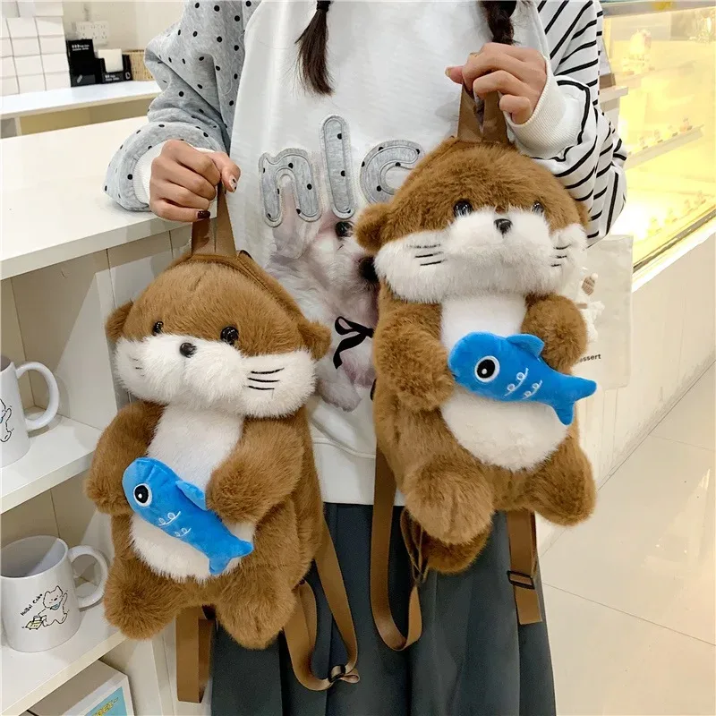 adorable loutre tenant du poisson sac à dos en peluche capybara mignon filles sac à dos tendance cadeaux décontractés pour les enfants