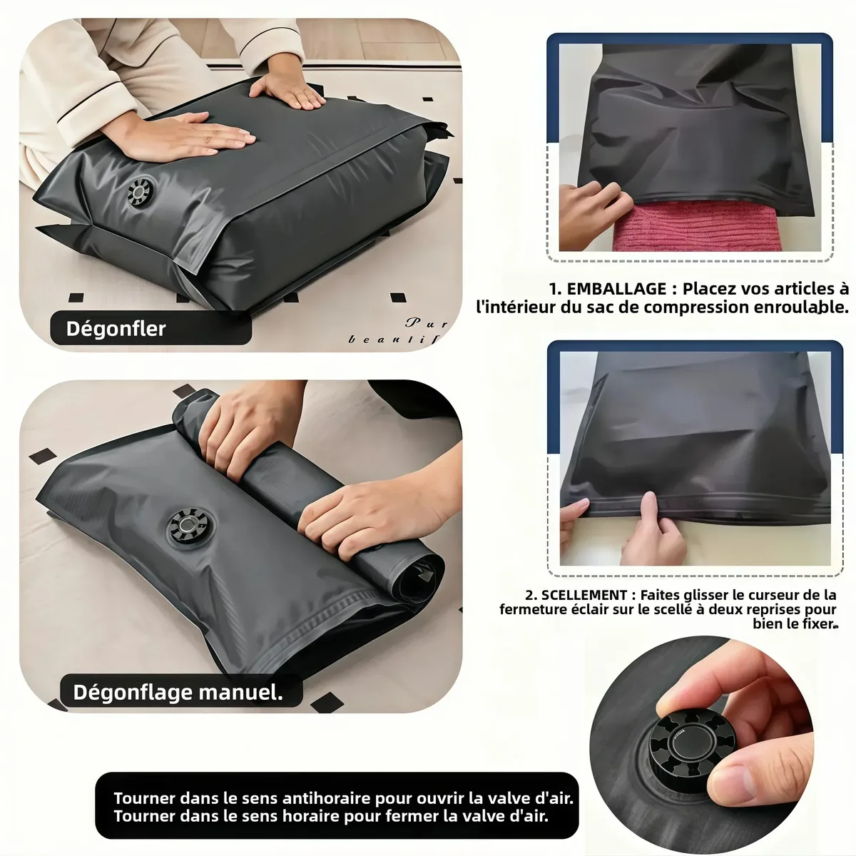 tissu vide compression pack 3d hermetique auto compression pet pe 12l 23l anti rayure abrasion, sans pompe reutilisable maison voyage bagage organisateur noir gris marron pliable compact durable leger valve unique