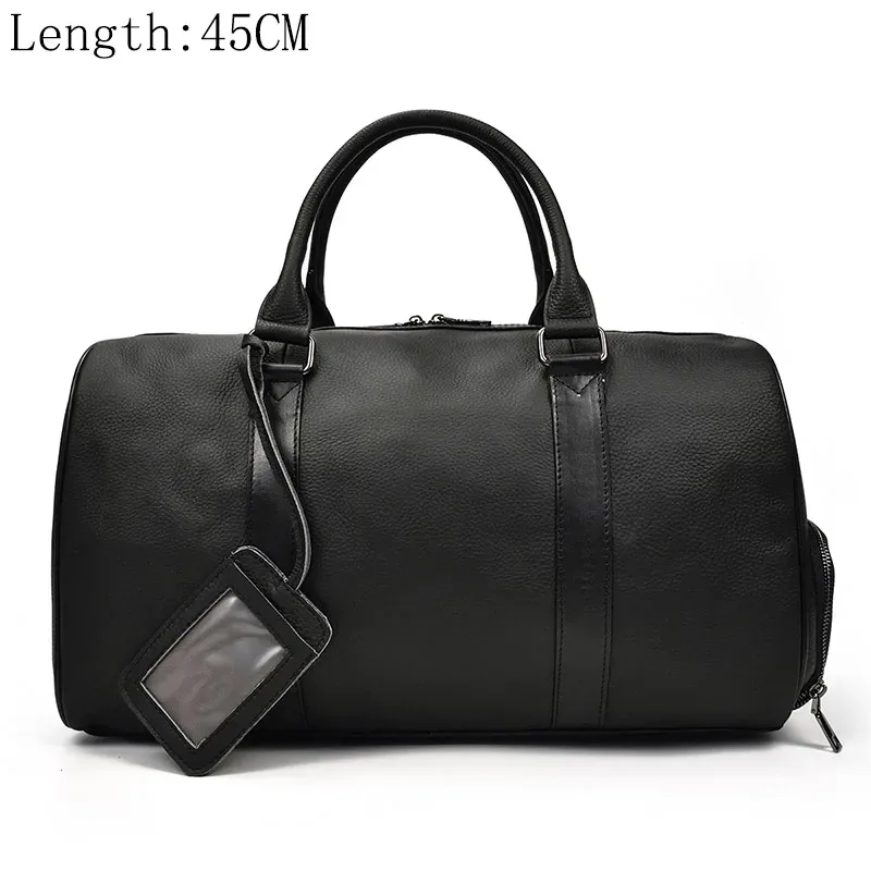 sac de voyage en cuir véritable de grande capacité pour hommes et femmes, en cuir de vache noir souple, polochon de voyage décontracté, grand sac à bandoulière pour week-end