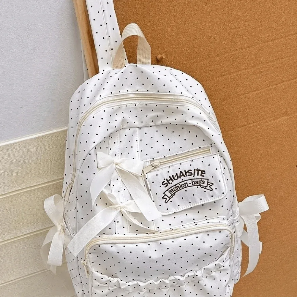 sac à dos en nylon à pois avec nœud, multi-compartiments, grande capacité, doublure en polyester, fermeture éclair, sac à dos de voyage