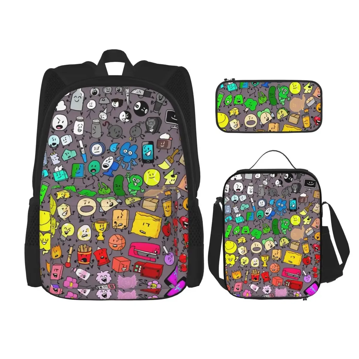 bfdi bfb et tpot bataille pour dream island dessin animé 3pecs/ensemble sac à dos pour adolescent ordinateur portable sac à bandoulière sac à déjeuner trousse à crayons