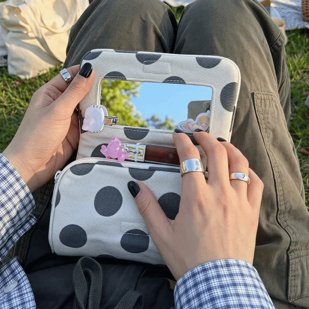 sac à cosmétiques portable en toile à pois, sac de rangement pour bijoux à rayures de grande capacité avec miroir de maquillage multifonctionnel